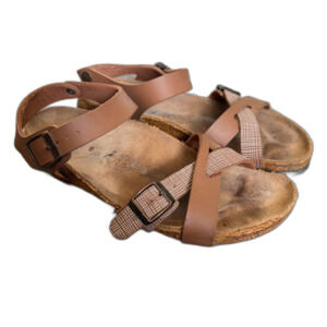 Birki's by Birkenstock Lillie Cork Sandals Cross Strap Tan Brown Plaid US Size 7